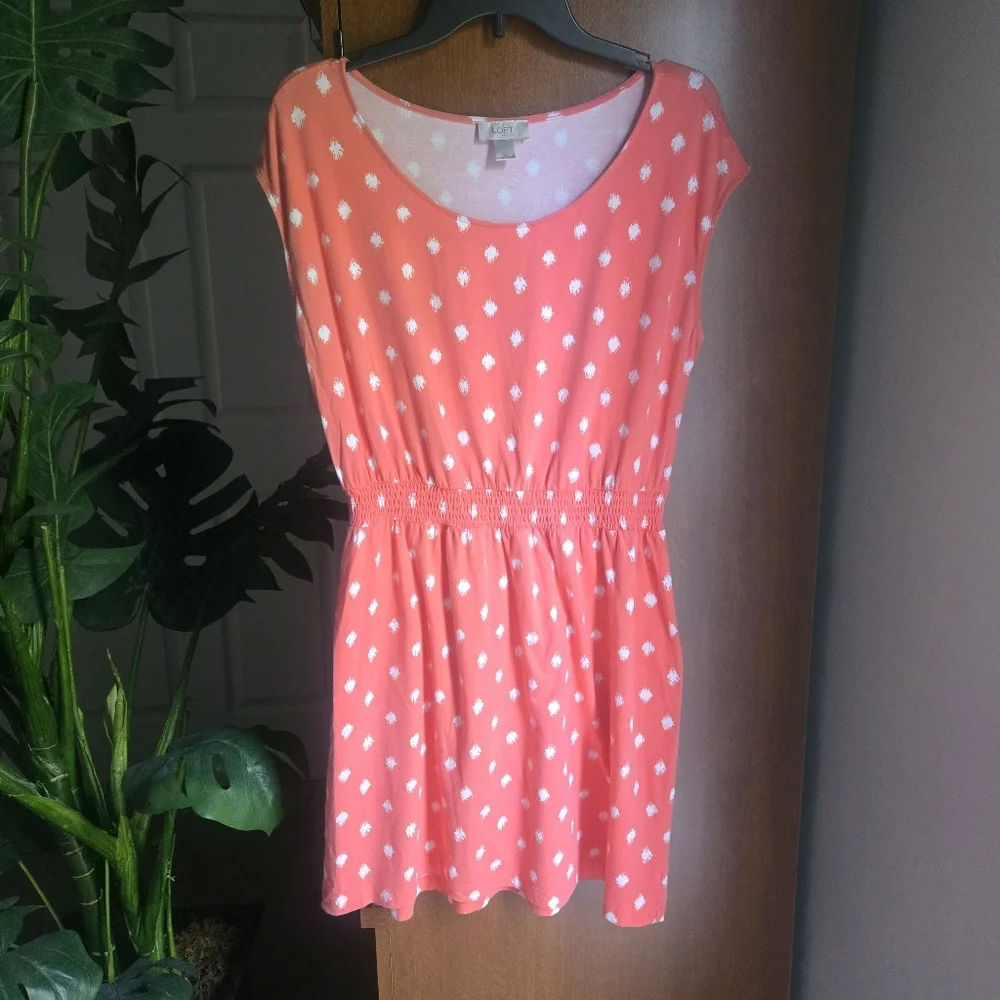 LOFT Coral and White Polka Dot Mini Dress - Picture 1 of 1